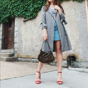 Longline plaid blazer jacket w/ sleeve tie detail